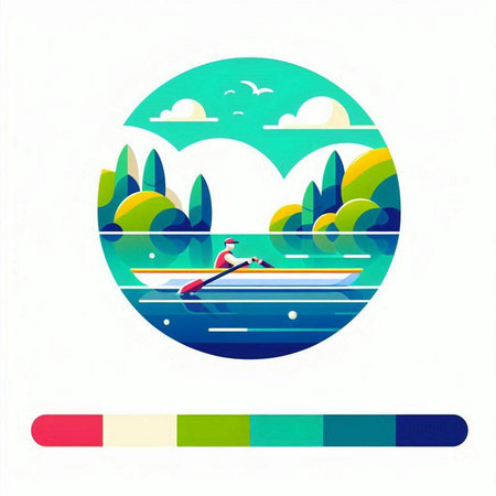 Fisherman in the boat on the lake. Flat vector illustration.のイラスト素材