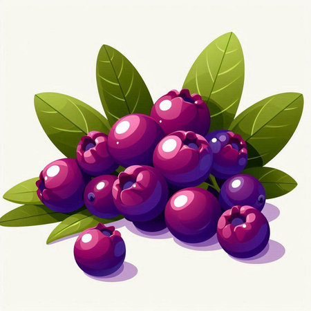 Bunch of ripe blueberries with green leaves. Vector illustration.のイラスト素材