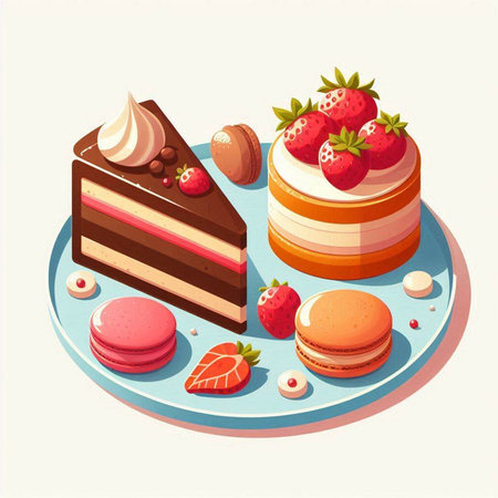 Vector illustration of sweet dessert: cake, macaroon and strawberryのイラスト素材