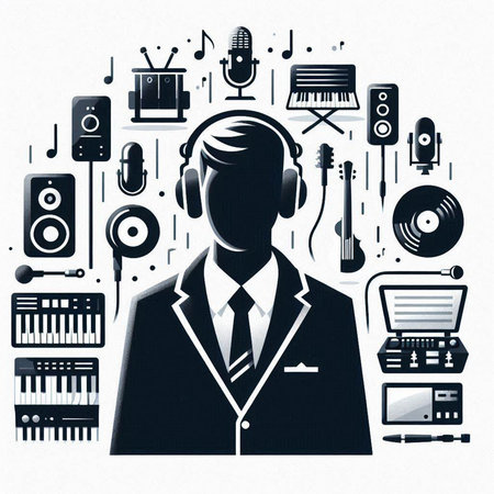 Vector illustration of a man with headphones on the background of musical instruments.のイラスト素材