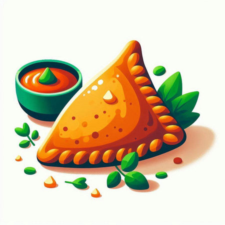 Illustration of a samosas with tomato sauce and mint leavesのイラスト素材
