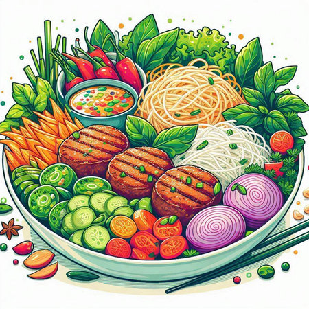 Vector illustration of a bowl of noodle salad with meatball and vegetablesのイラスト素材
