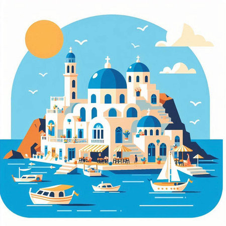 Santorini island. Greece. Vector illustration in flat styleのイラスト素材