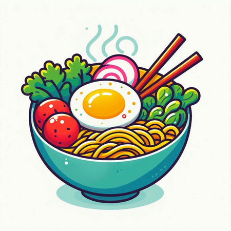 Illustration of a bowl of noodle with fried egg and vegetablesのイラスト素材