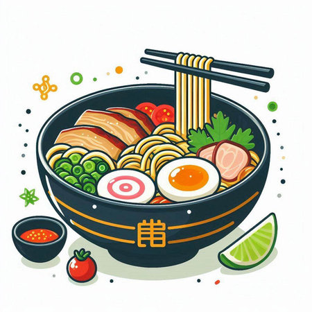Japanese ramen noodle soup in bowl with chopsticks. Vector illustration.のイラスト素材