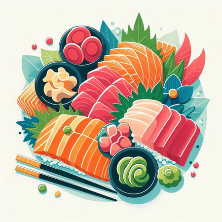Vector illustration of Japanese food, sashimi and sushi rolls.のイラスト素材
