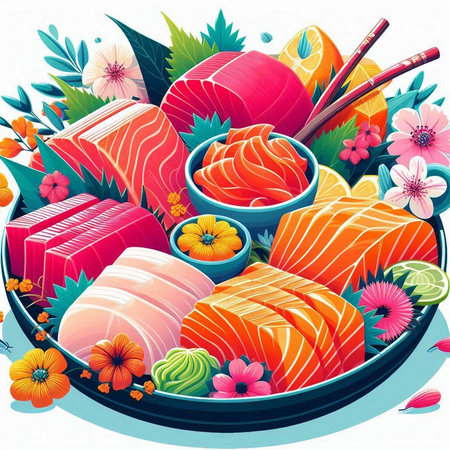 Vector illustration of japanese food. Set of different kinds of sashimiのイラスト素材