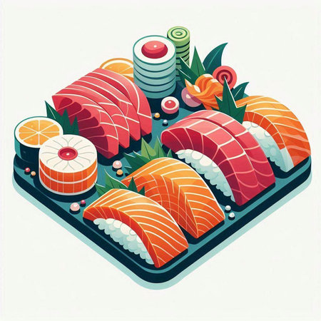 Illustration of sushi set in isometric style on white background.のイラスト素材