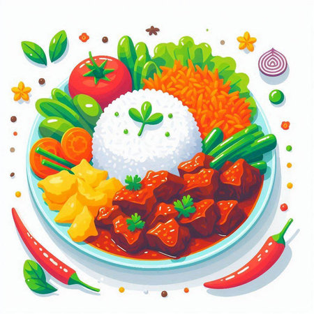 Rice with meat and vegetables on a plate. Vector illustration.のイラスト素材