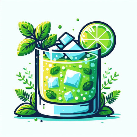 Cocktail with lime, mint and ice. Vector illustration.のイラスト素材