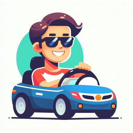 Young man driving cabriolet. Vector illustration in cartoon style.のイラスト素材