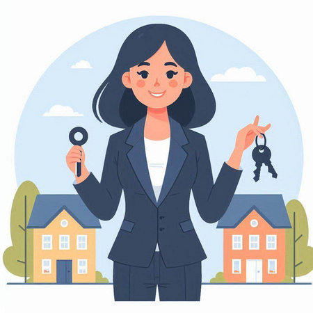 Real estate agent woman holding keys in hand. Vector flat cartoon illustrationのイラスト素材