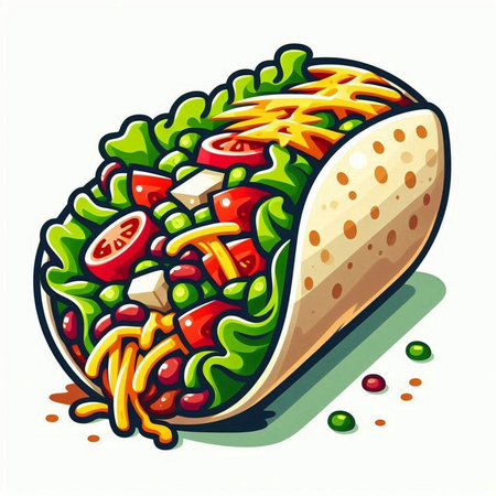Taco with vegetables and cheese on a white background. Vector illustration.のイラスト素材