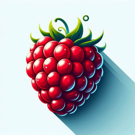 Vector illustration of ripe red raspberry with long shadow on blue background.のイラスト素材