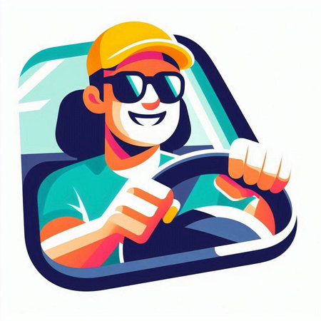 Young woman driving a car. Vector illustration in flat cartoon style.のイラスト素材