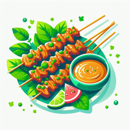 Chicken satay on skewers with sauce and lime, vector illustrationのイラスト素材