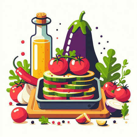 Vegetarian food. Tomato, eggplant, pepper, onion, garlic, olive oil. Vector illustration.のイラスト素材