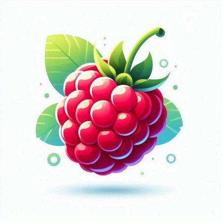 Raspberry fruit vector illustration. Ripe juicy berry with green leaves.のイラスト素材