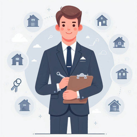 Real estate agent in a flat style. Businessman with a clipboard. Vector illustration.のイラスト素材