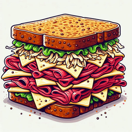 Illustration of a sandwich with salami, lettuce, cheese and tomatoesのイラスト素材