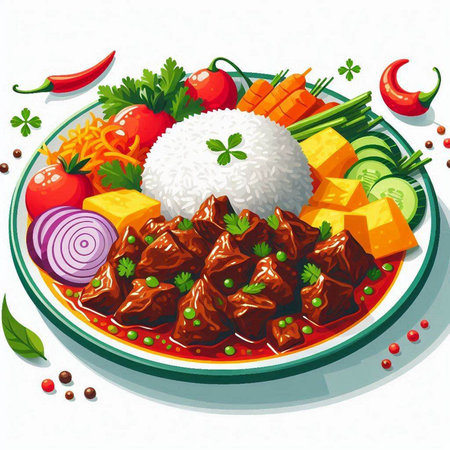 Illustration of beef stew with rice and vegetables on a white backgroundのイラスト素材