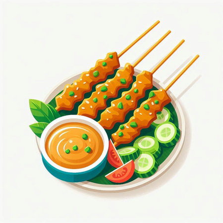 Chicken satay with sauce and cucumber on plate. Vector illustrationのイラスト素材