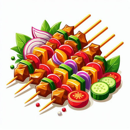 Illustration of kebab on skewers with vegetables on a white backgroundのイラスト素材