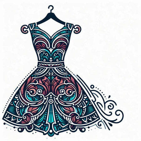 Dress design. Vector fashion illustration. Colorful hand drawn pattern.のイラスト素材