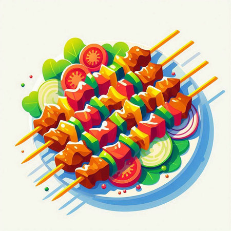 Shish kebab on skewers with vegetables. Vector illustration.のイラスト素材