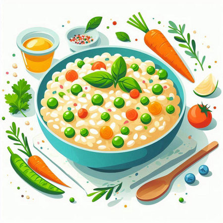 Illustration of a bowl of porridge with green peas, carrots and parsleyのイラスト素材