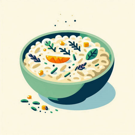 Rice porridge with pumpkin and herbs. Vector illustration in flat style.のイラスト素材