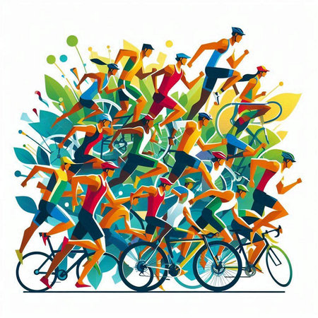 Group of active people cycling, vector illustration in flat design style.のイラスト素材