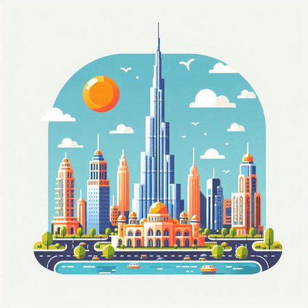 City landscape with skyscrapers in flat style. Vector illustration.のイラスト素材