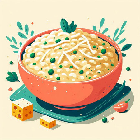 Illustration of a bowl of delicious risotto with green peas and cheeseのイラスト素材