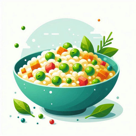 Vector illustration of a bowl of porridge with green peas and carrotsのイラスト素材