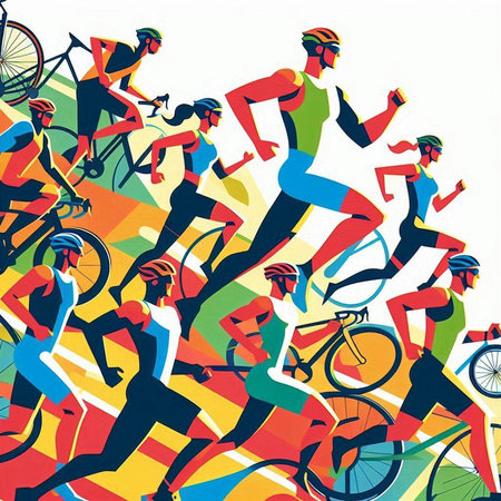 Vector illustration of a group of cyclists running on the road with colorful backgroundのイラスト素材