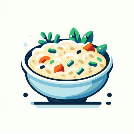 Rice porridge with vegetables in bowl. Vector illustration in flat styleのイラスト素材