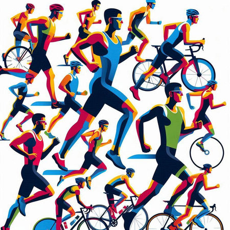 Vector illustration of a group of cyclists in different poses and attitudes.のイラスト素材