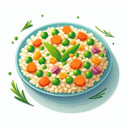 Risotto with green peas, carrot and parsley. Vector illustrationのイラスト素材