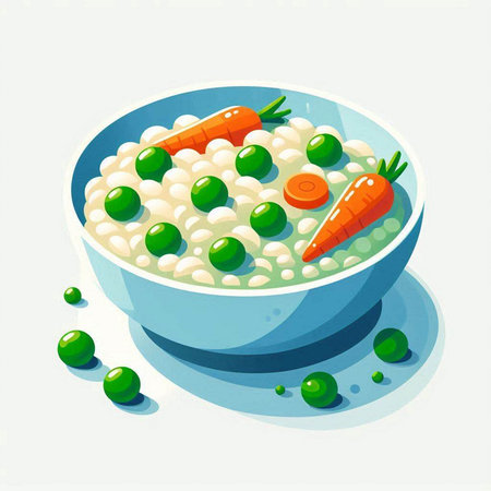 Bowl of porridge with green peas and carrots. Vector illustration.のイラスト素材