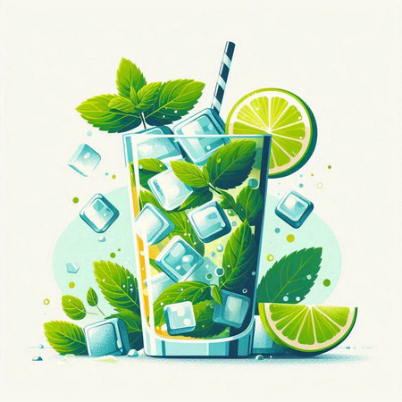 Mojito cocktail with lime, mint and ice cubes. Vector illustration.のイラスト素材