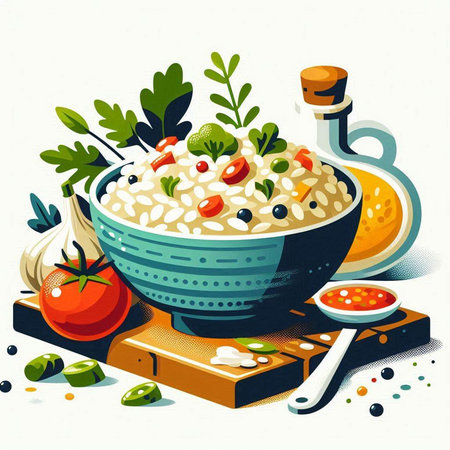 Rice porridge with vegetables and herbs in a bowl. Vector illustration.のイラスト素材