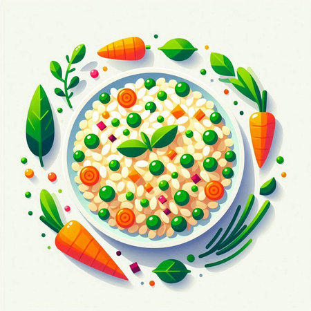 Risotto with carrots and peas. Vector illustration in flat cartoon style.のイラスト素材