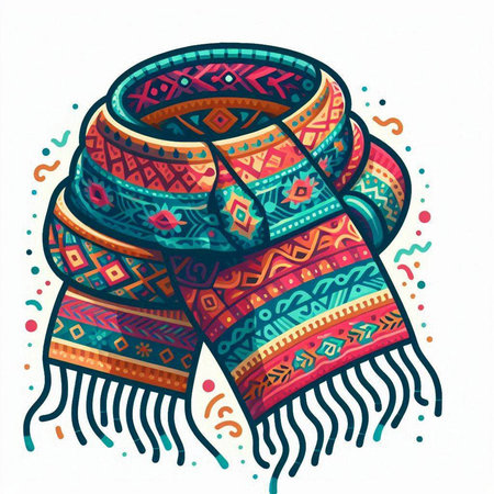Hand drawn illustration of a scarf. Colorful ethnic patterned scarf.のイラスト素材