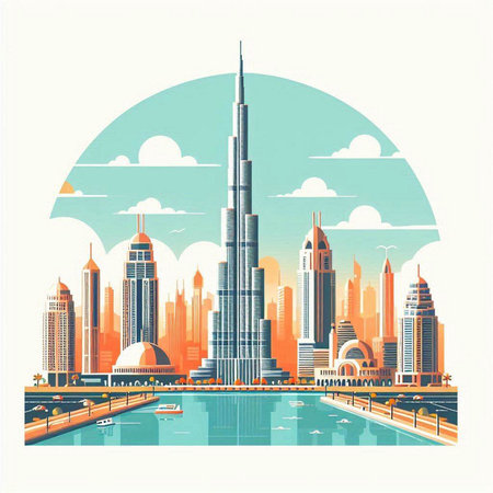 Dubai skyline, United Arab Emirates, vector illustration in retro styleのイラスト素材