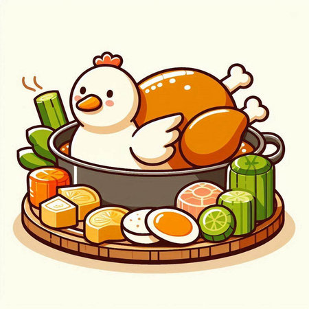 Illustration of a chicken in a hot pot with sushi and vegetablesのイラスト素材