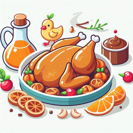Roast chicken on a plate with oranges and herbs. Vector illustration.のイラスト素材