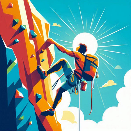 Climber on the cliff. Vector illustration in retro style.のイラスト素材