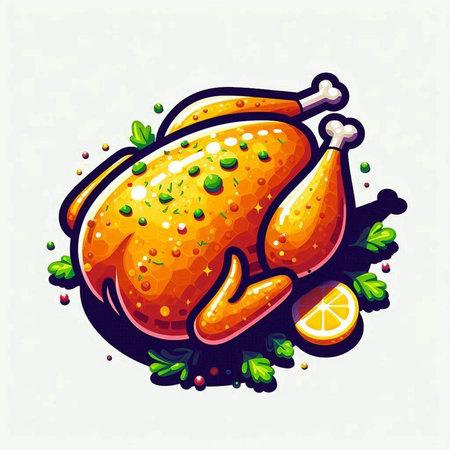 Roast chicken with lemon and parsley on white background. Vector illustration.のイラスト素材