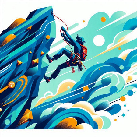 illustration of a climber climbing a wall in the mountains.のイラスト素材